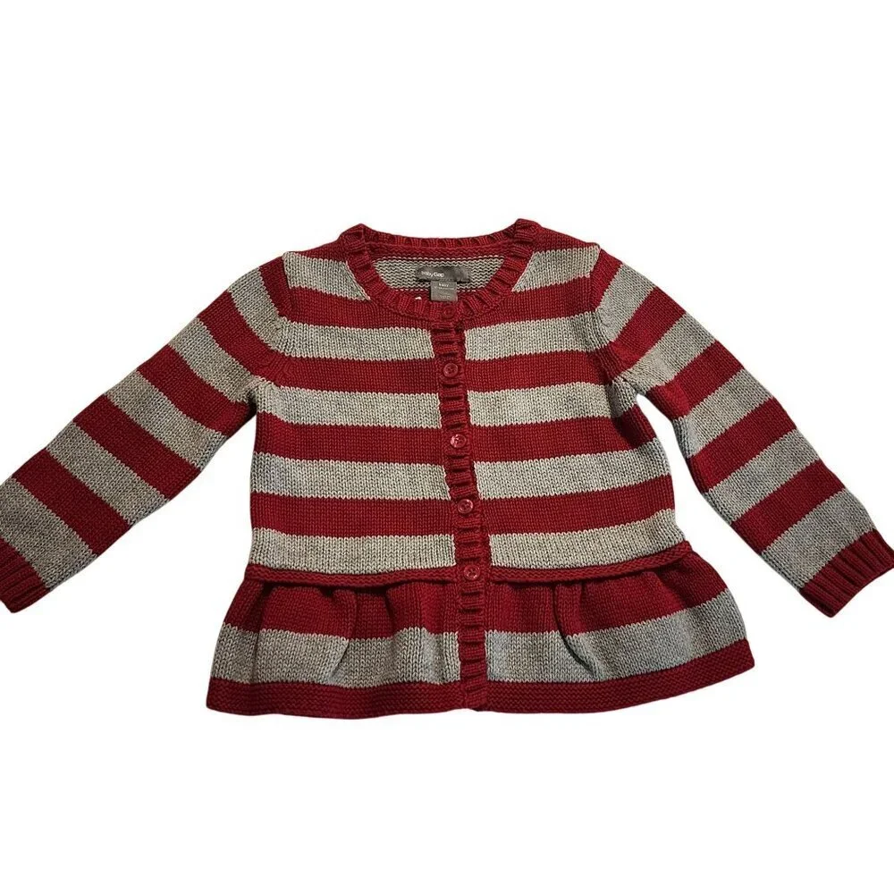 Baby Gap Girl 12-18 m  Red & Gray Striped Knit Cardigan  Heart Elbow Patches